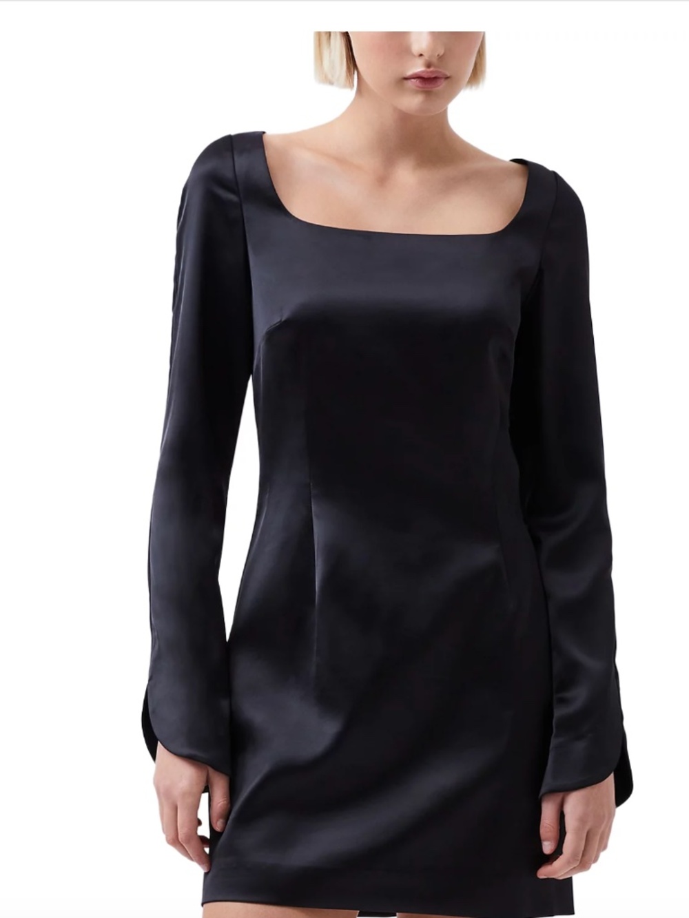 French Connection Black Satin Square-Neck Long Sleeve Mini Dress